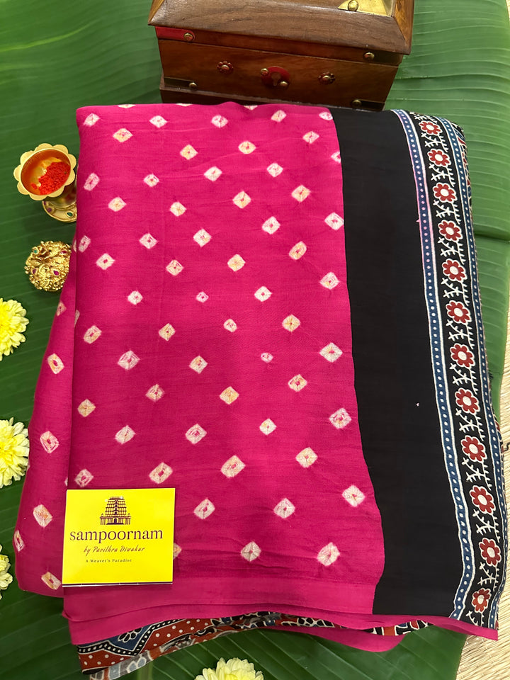 Pink Bhandej with Ajrakh Natural Handblock Printed Tissue Pallu Pure Modal Silk Saree