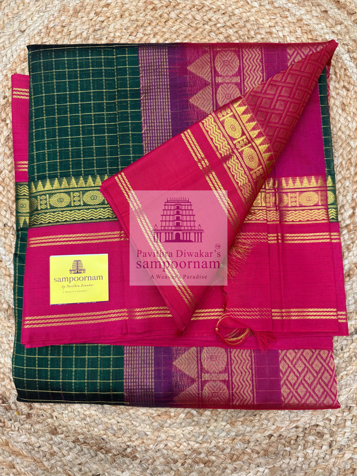 Dark Green with Red , Zari checks in the body , rich borders with traditonal Pallu Korvai Silk Cotton Saree