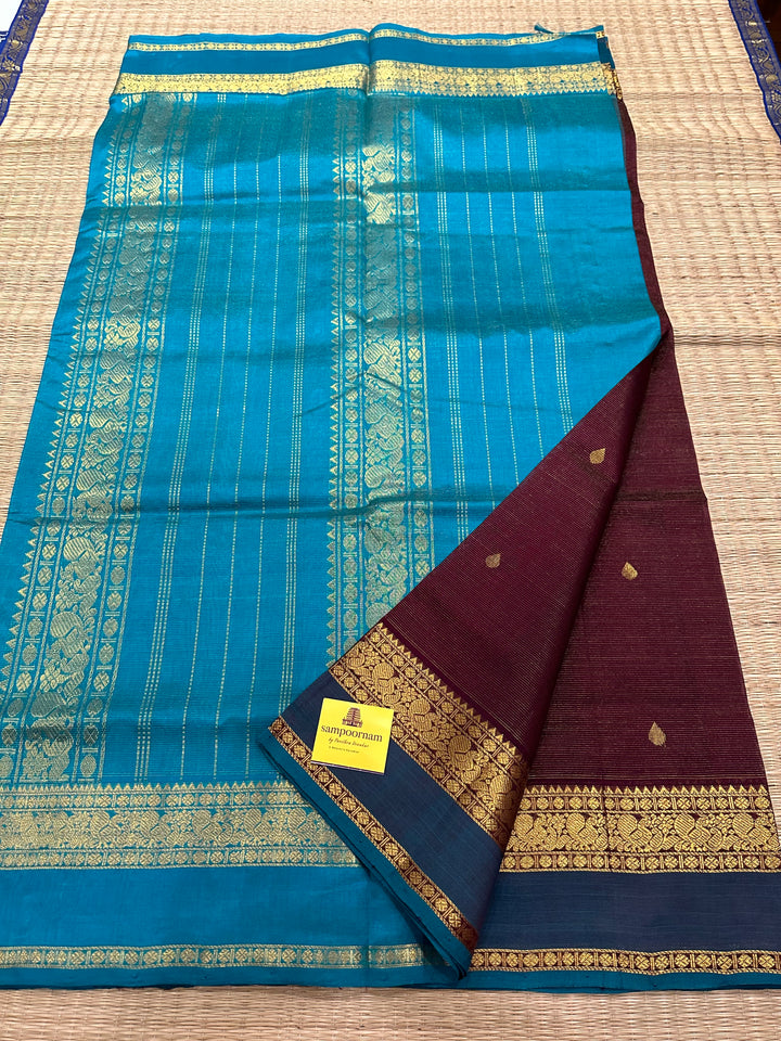 Dark Maroon with Turquoise Blue RIch Body Butta Vairaoosi Silk Cotton Saree