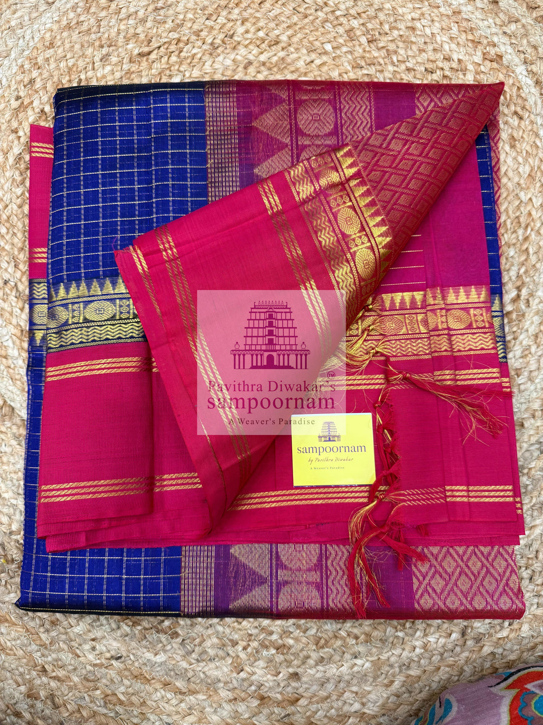 MS Blue with Red , Zari checks in the body , rich borders with traditonal Pallu Korvai Silk Cotton Saree