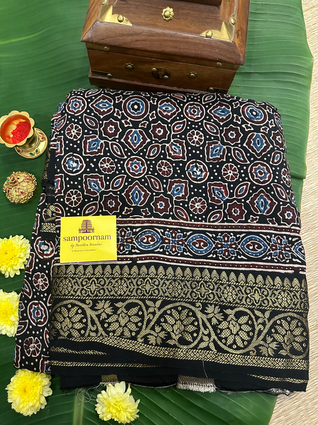 Indigo Blue Ajrakh Natural Handblock Printed With Rich MinakarI Border and Pallu Pure Dola Silk Saree