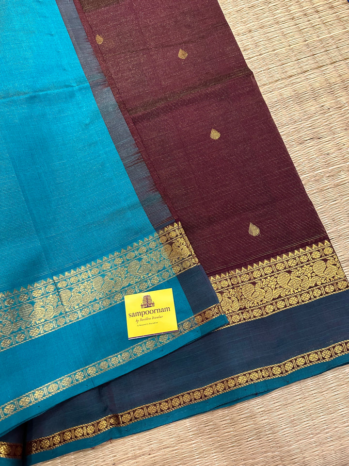 Dark Maroon with Turquoise Blue RIch Body Butta Vairaoosi Silk Cotton Saree