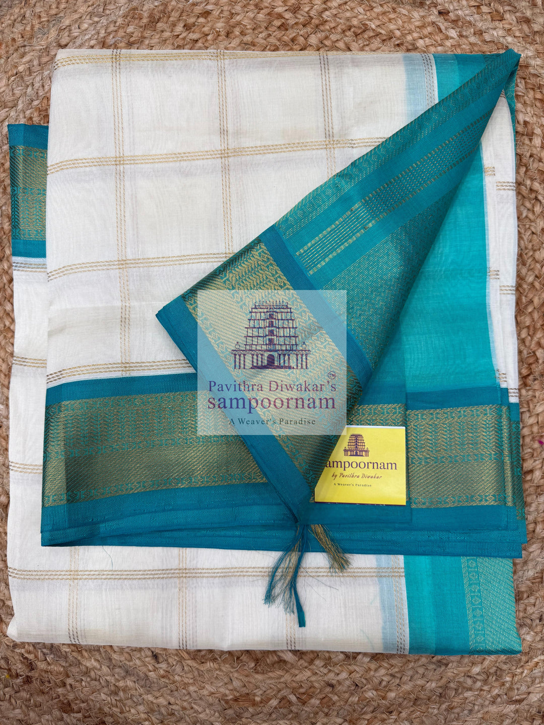 Half White with Turquoise Blue  , Zari checks in the body , traditional borders with richPallu Korvai Silk Cotton Saree