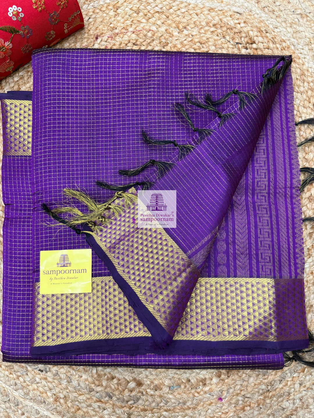 Dark Purple , Zari checks in the body , traditional border and rich Pallu Silk Cotton Saree