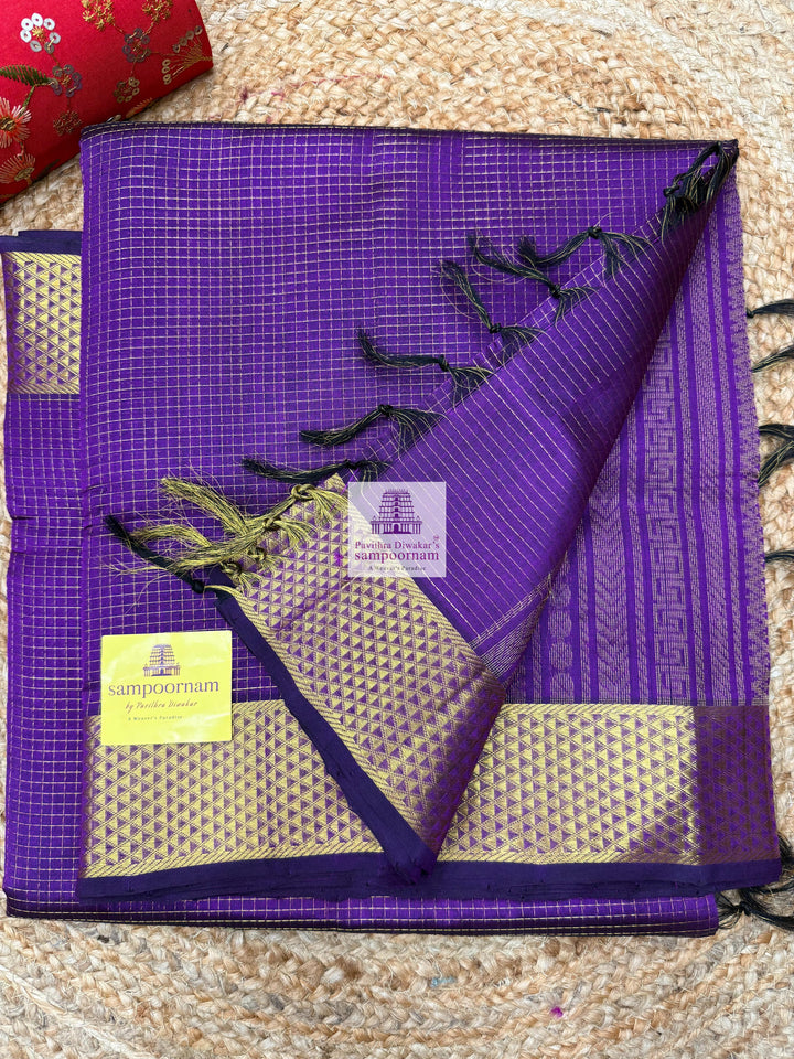 Dark Purple , Zari checks in the body , traditional border and rich Pallu Silk Cotton Saree