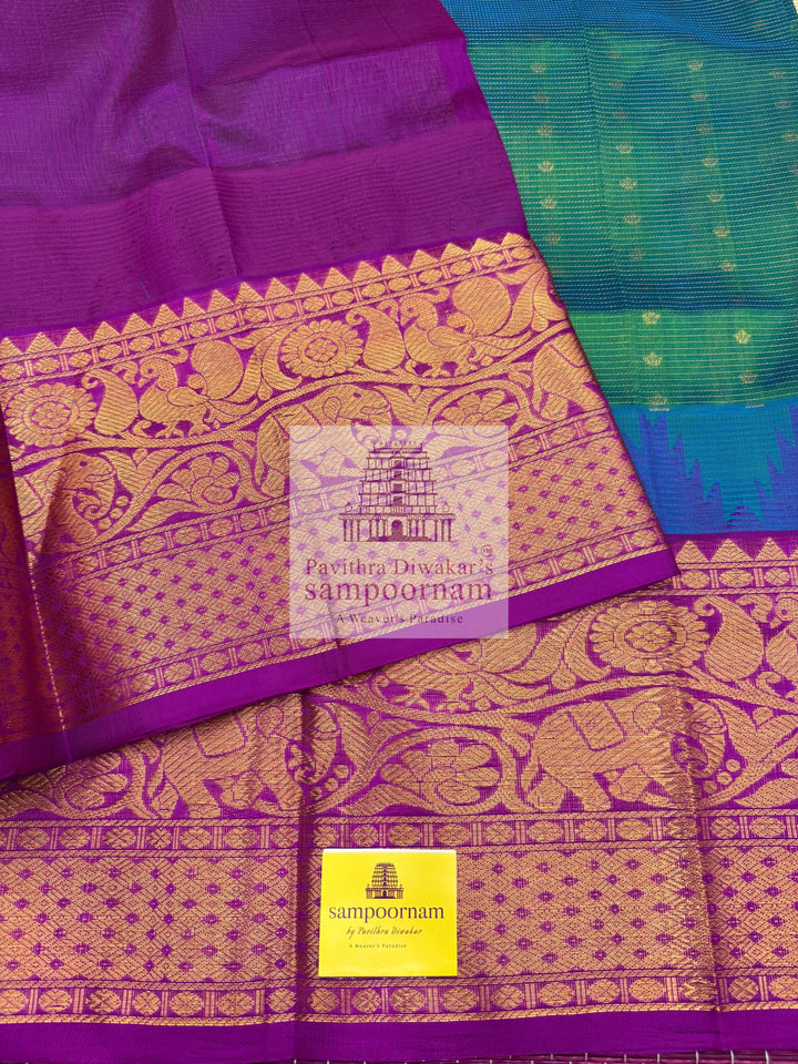 Turquoise Blue with Purple , Zari Podi Kattam in the body , traditional borders and rich Pallu Korvai Silk Cotton Saree