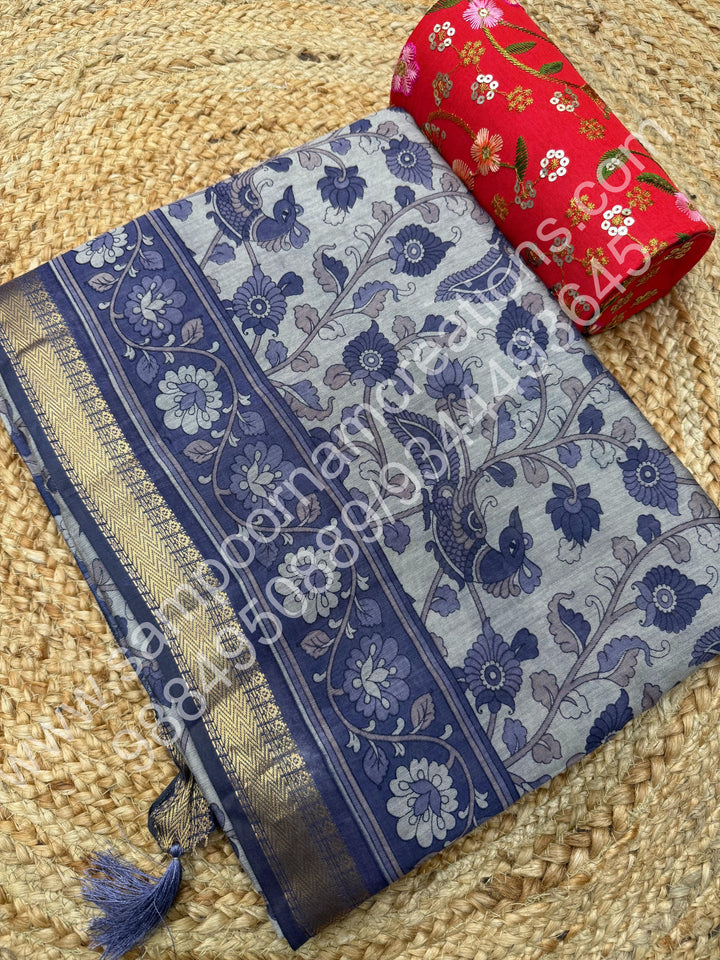 Blue  , Kalamkari Print  in the body , Printed Blouse and Tassels in the Pallu , Soft Cotton Saree