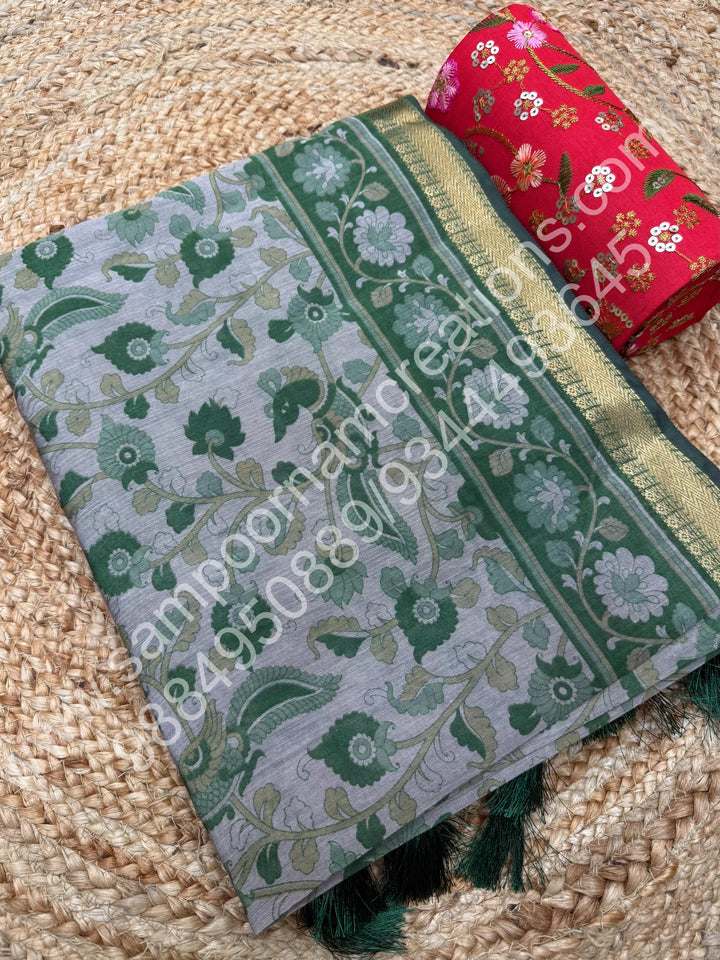 Green  , Kalamkari Print  in the body , Printed Blouse and Tassels in the Pallu , Soft Cotton Saree