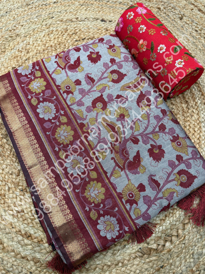 Red , Kalamkari Print  in the body , Printed Blouse and Tassels in the Pallu , Soft Cotton Saree