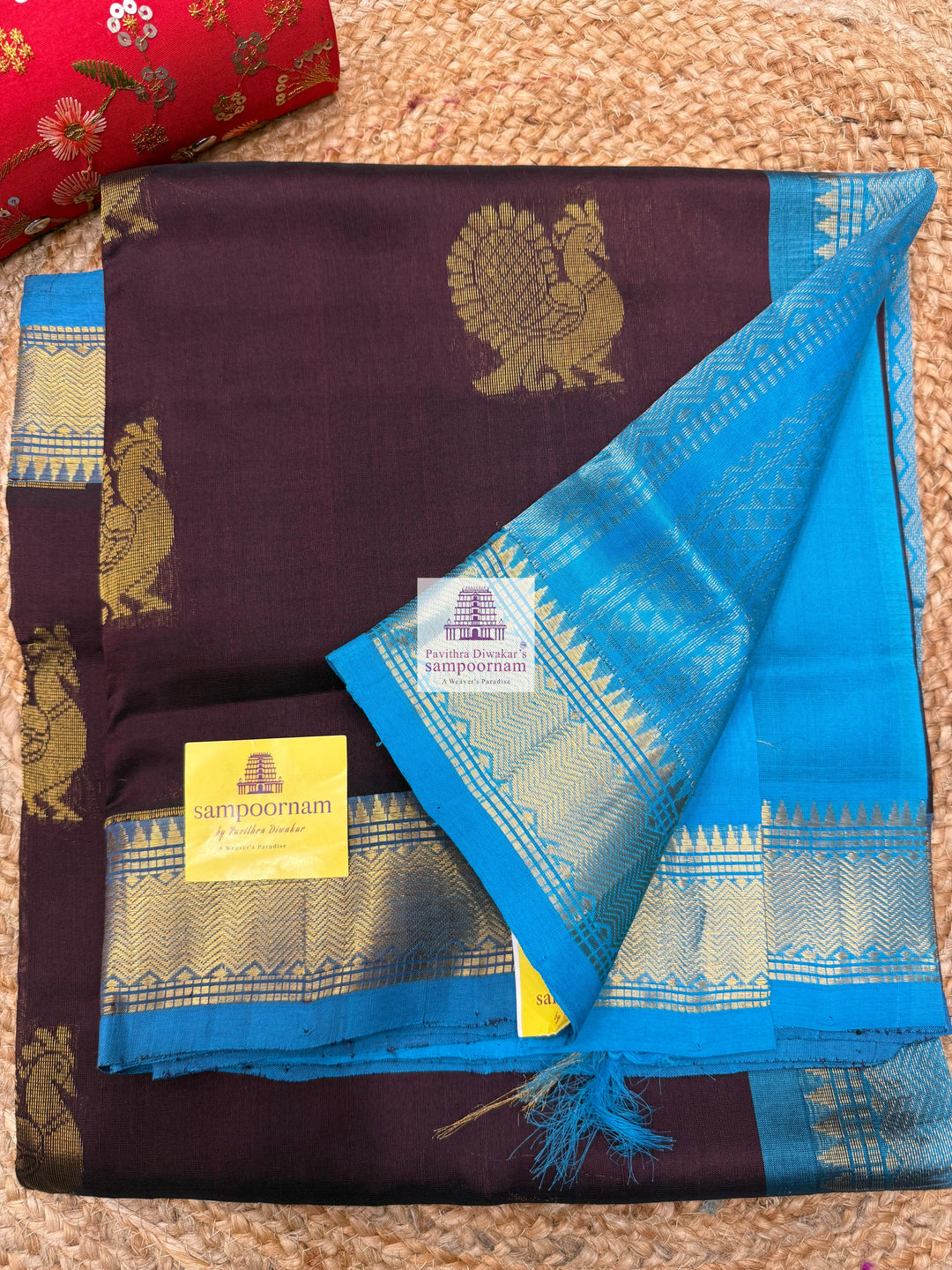 Dark Brown with Turquoise Blue , Annam Zari Butta in the body and traditional border , Rich Pallu Silk Cotton Saree