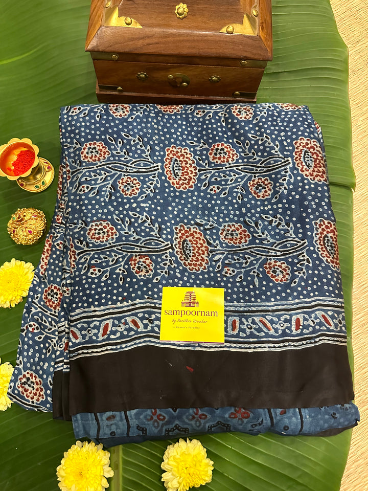 Indigo Blue with Ajrakh Natural Handblock Printed Pure Modal Silk Saree