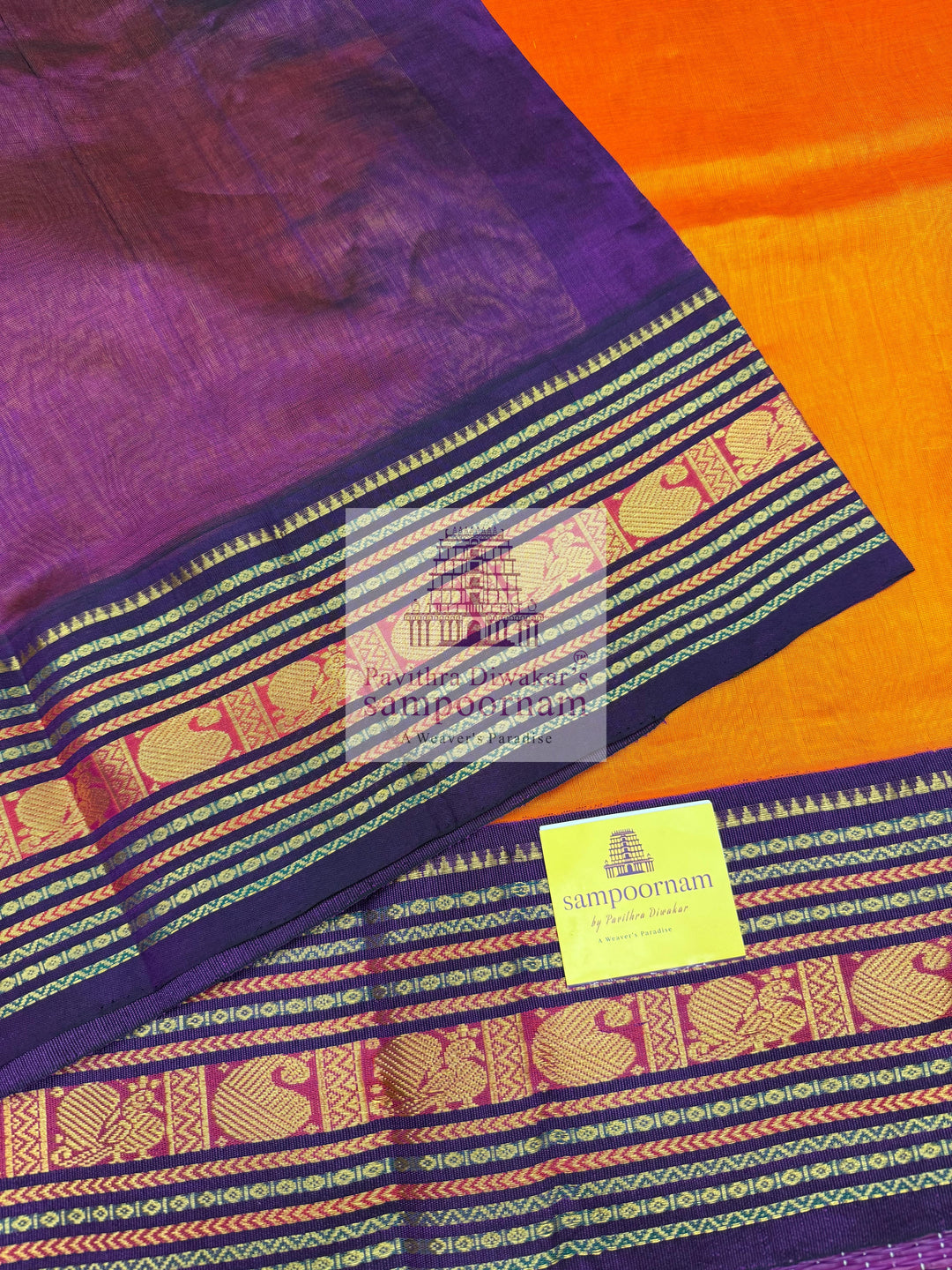 Fanta Orange with Purple , traditional Annam and Mango big border with rich Pallu Korvai Silk Cotton Saree