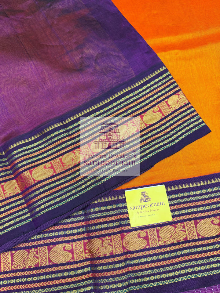 Fanta Orange with Purple , traditional Annam and Mango big border with rich Pallu Korvai Silk Cotton Saree