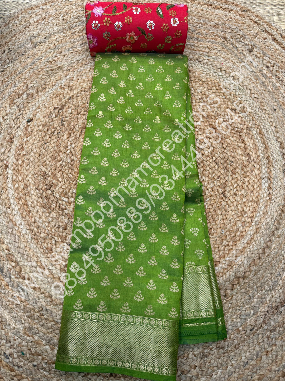 Light Green , Floral Prints in the body .Tissue Pallu and Printed Blouse Semi Tussar Saree