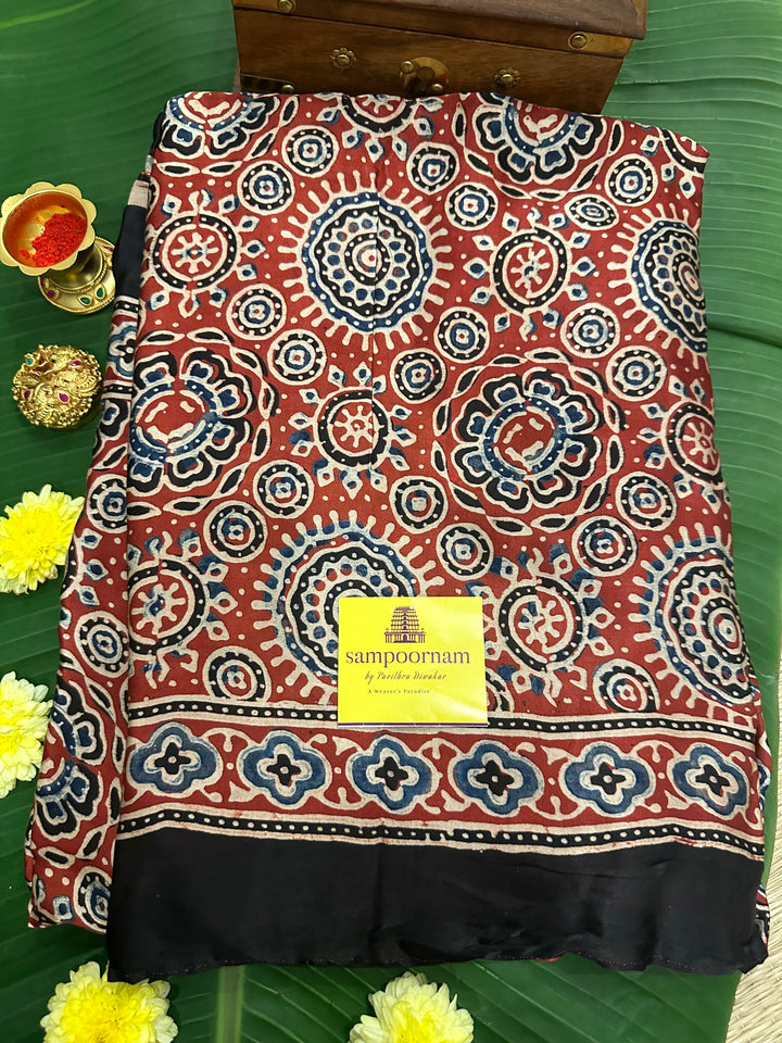 Red Ajrakh Natural Handblock Printed Pure Modal Silk Saree