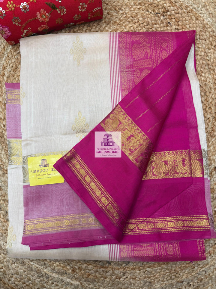 Cream with Pink , Kollam Zari Motif in the Body , Rettapet Border  and Rich Pallu Silk Cotton Saree