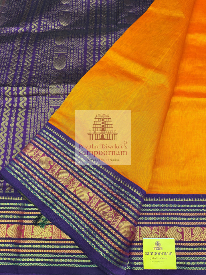 Fanta Orange with Purple , traditional Annam and Mango big border with rich Pallu Korvai Silk Cotton Saree