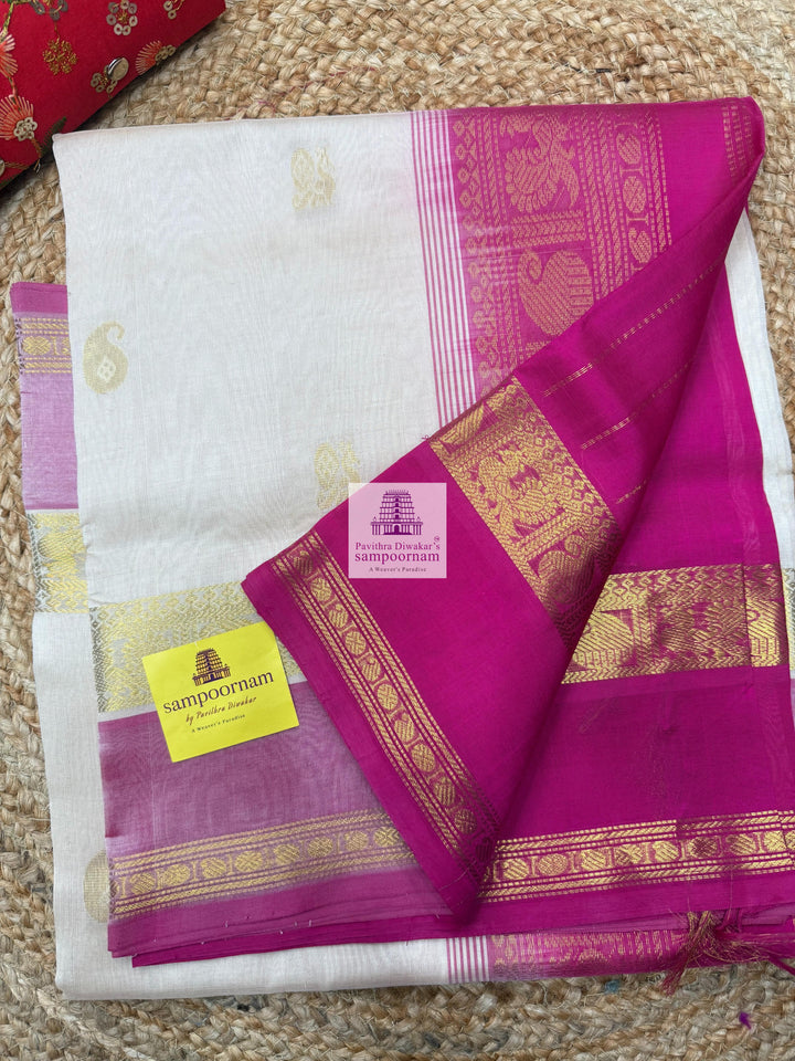 Cream with Pink , Annam and Mango Zari Motif in the Body , Rettapet Border  and Rich Pallu Silk Cotton Saree