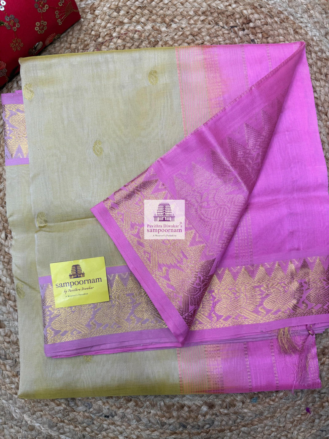 Gold with Pink , Mango Zari butta in the body and traditional border and traditional border , Rich Pallu Silk Cotton Saree