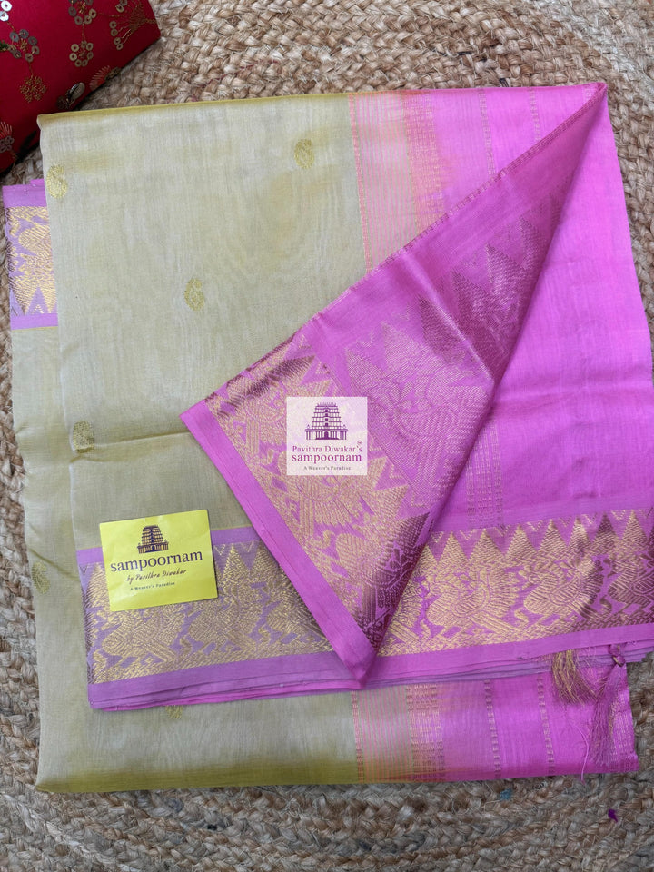 Gold with Pink , Mango Zari butta in the body and traditional border and traditional border , Rich Pallu Silk Cotton Saree