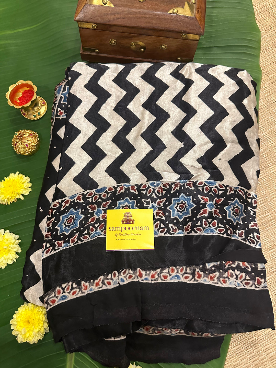 Black and White with Ajrakh Natural Handblock Printed Tissue Pallu Pure Modal Silk Saree