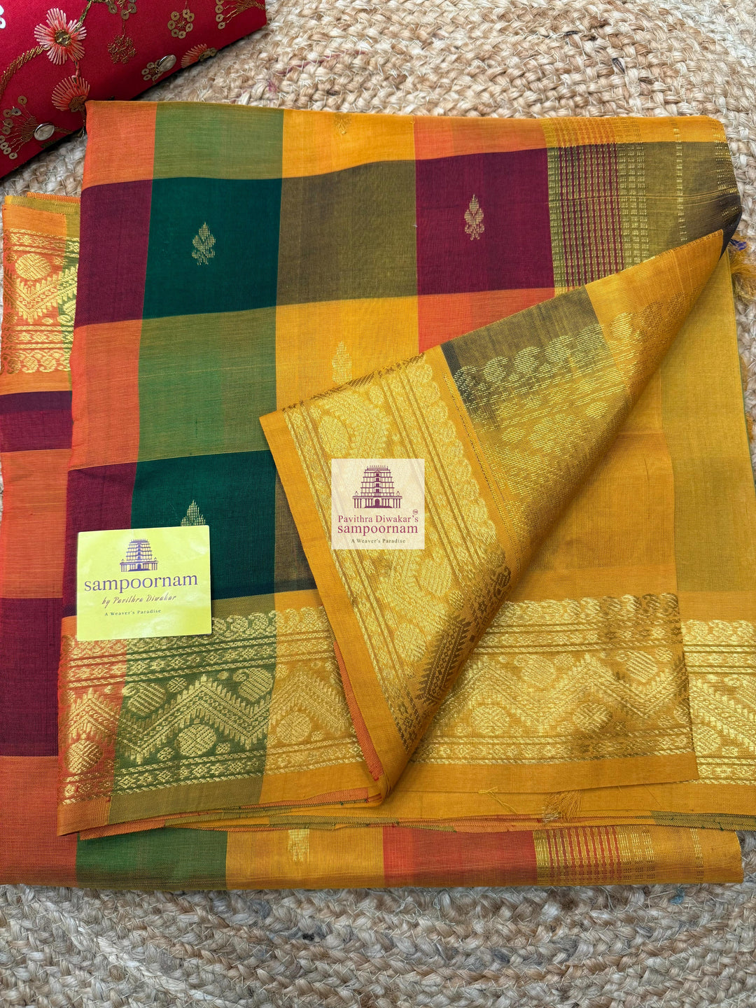 Red , Manjal and Green with Mustard , Paalum Pazham Checks with rich butta , traditional borders and rich Pallu Silk Cotton Saree