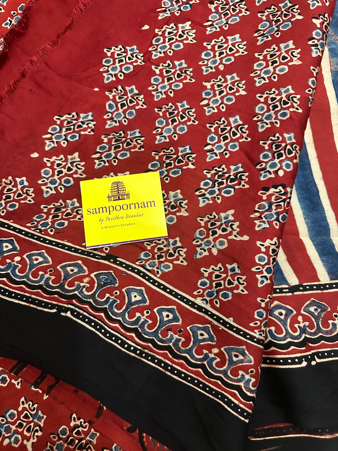 Red with Indigo Blue Ajrakh Natural Handblock Printed Pure Modal Silk Saree