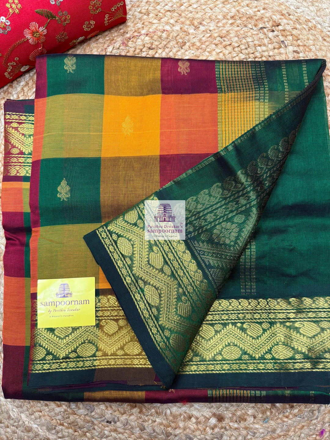 Red , Green and Manjal with Green , Paalum Pazham Checks with rich butta , traditional borders and rich Pallu Silk Cotton Saree