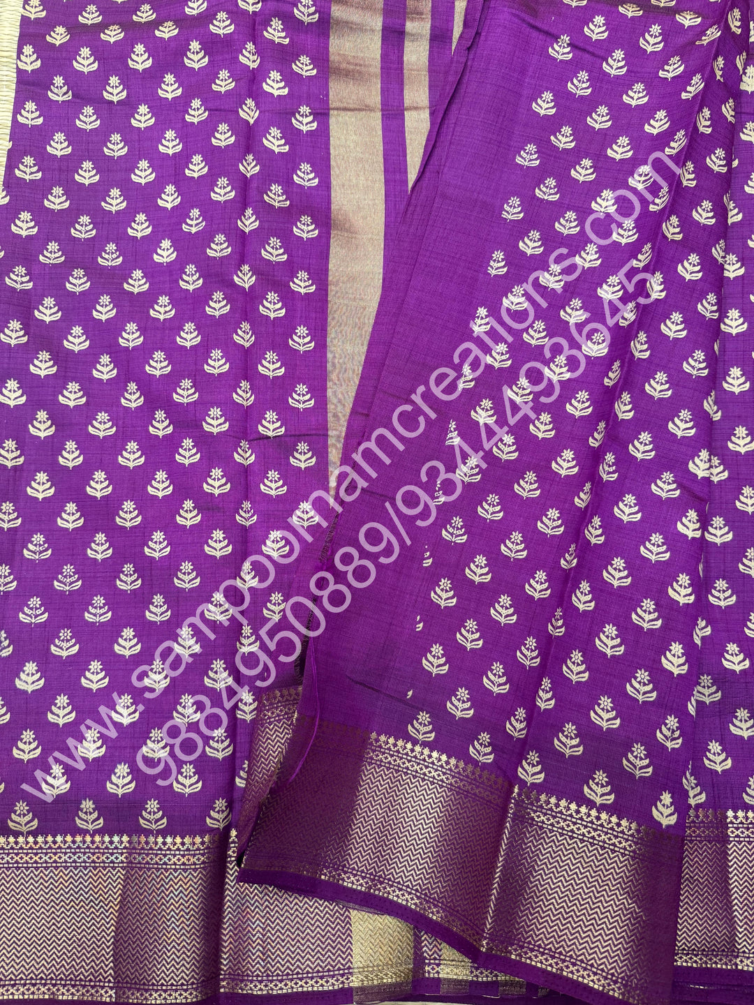 Violet , Floral Prints in the body .Tissue Pallu and Printed Blouse Semi Tussar Saree