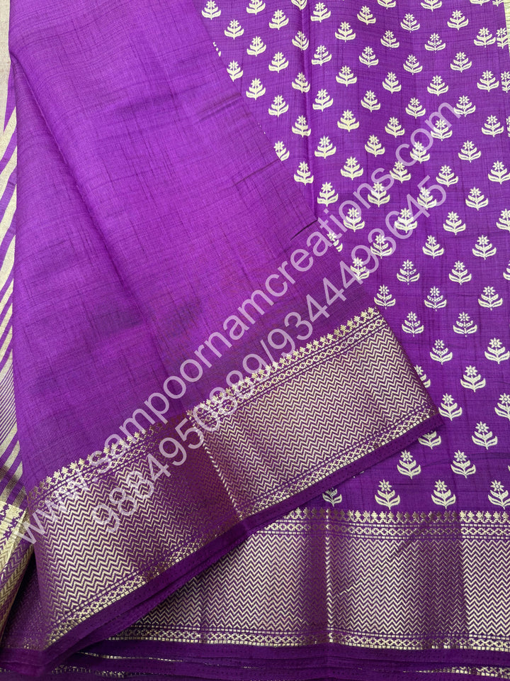 Violet , Floral Prints in the body .Tissue Pallu and Printed Blouse Semi Tussar Saree