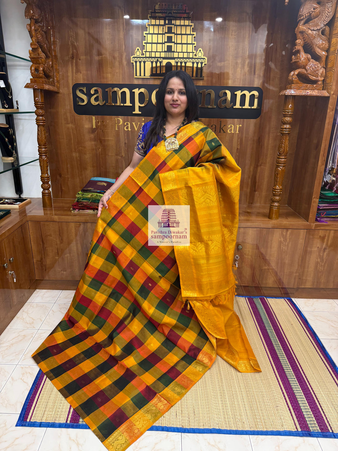 Red , Manjal and Green with Mustard , Paalum Pazham Checks with rich butta , traditional borders and rich Pallu Silk Cotton Saree