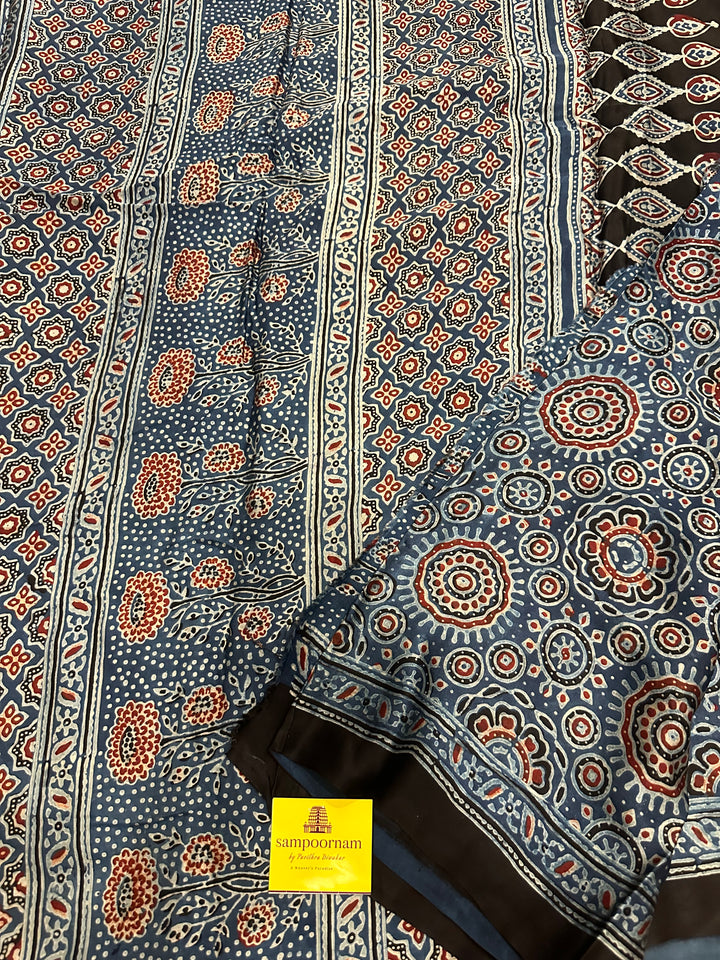 Indigo Blue with Ajrakh Natural Handblock Printed Pure Modal Silk Saree