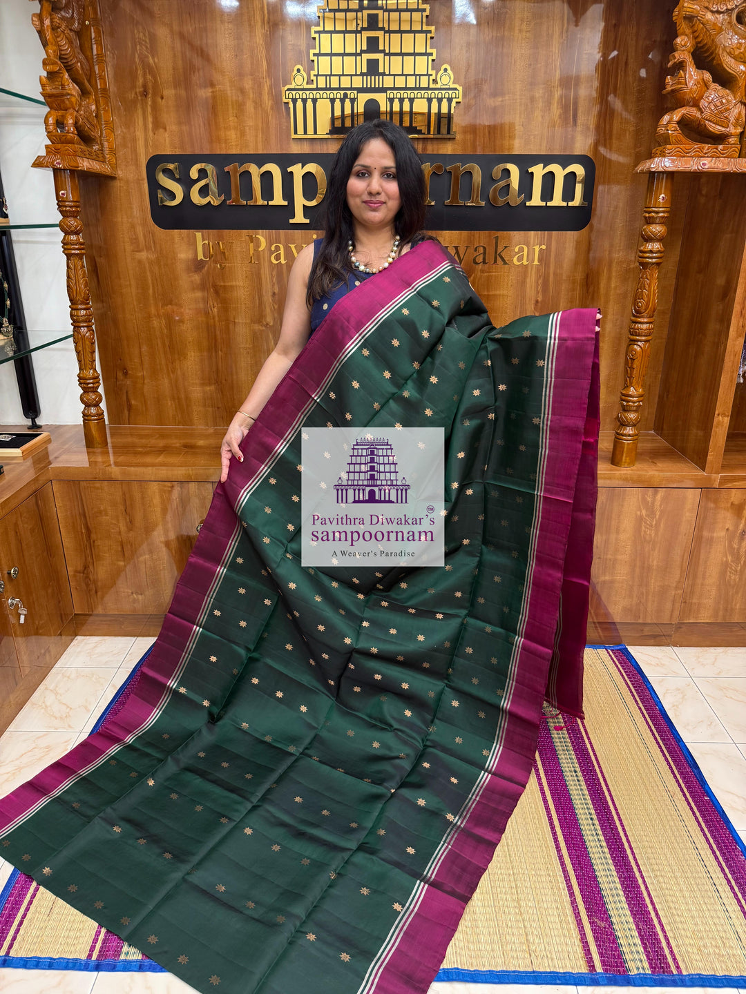 Dark Green with Magenta , rich Zari Butta in the body , Plain borders , rich Pallu Handloom Semi Soft Silk Saree