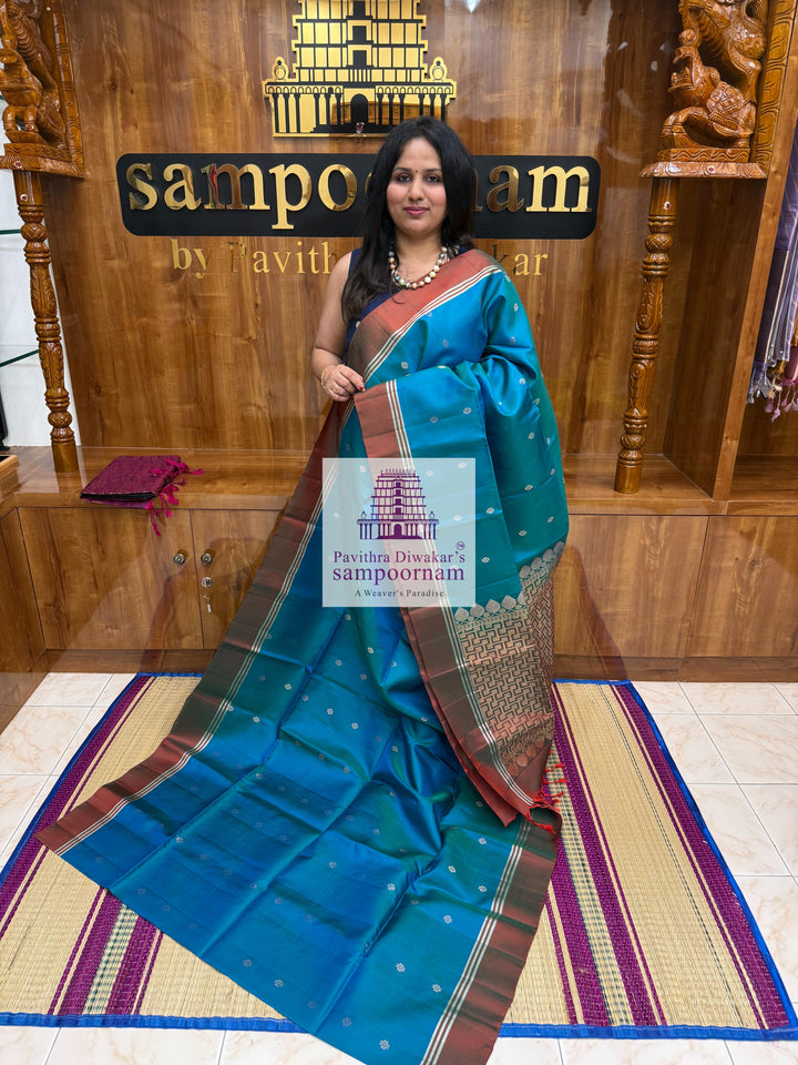 Ramar Green with Manthulir , rich Zari Butta in the body , Plain borders , rich Pallu Handloom Semi Soft Silk Saree