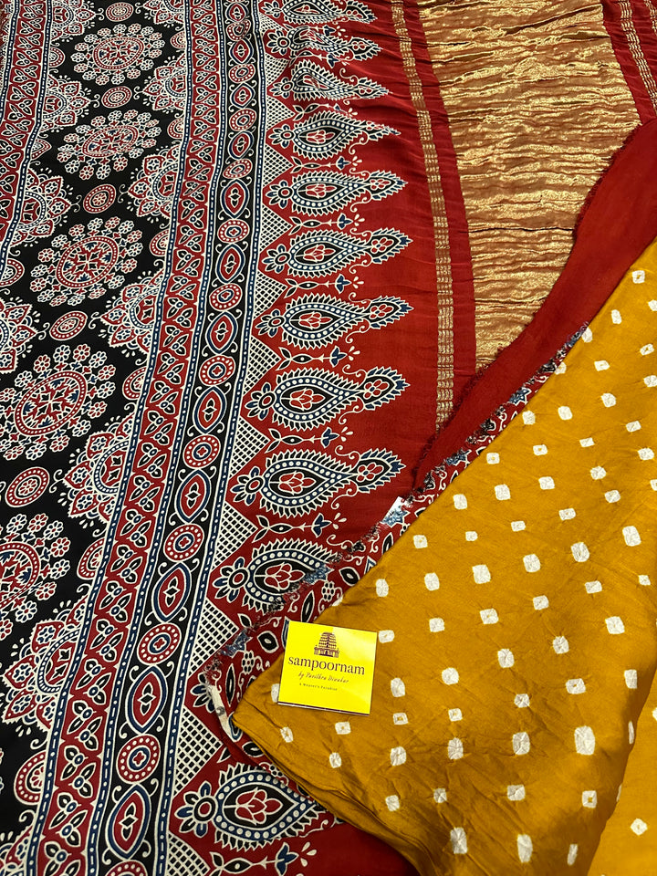 Fenugreek Ajrakh Natural Handblock Printed Tissue Pallu Pure Modal Silk Saree