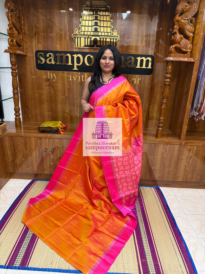 Mambazha Manjal with Rani Pink , rich Zari Butta in the body , Plain borders , rich Pallu Handloom Semi Soft Silk Saree