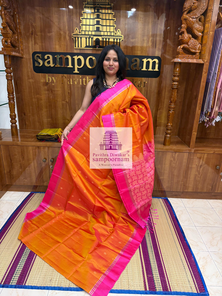 Mambazha Manjal with Rani Pink , rich Zari Butta in the body , Plain borders , rich Pallu Handloom Semi Soft Silk Saree
