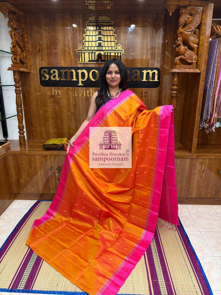 Mambazha Manjal with Rani Pink , rich Zari Butta in the body , Plain borders , rich Pallu Handloom Semi Soft Silk Saree