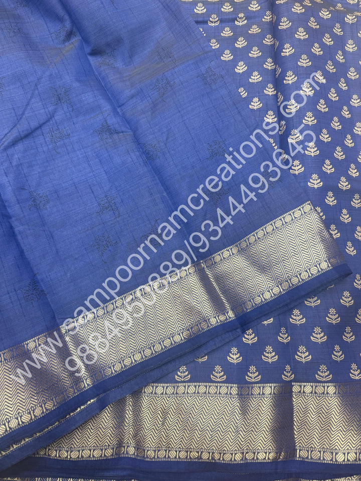 Blue , Floral Prints in the body .Tissue Pallu and Printed Blouse Semi Tussar Saree