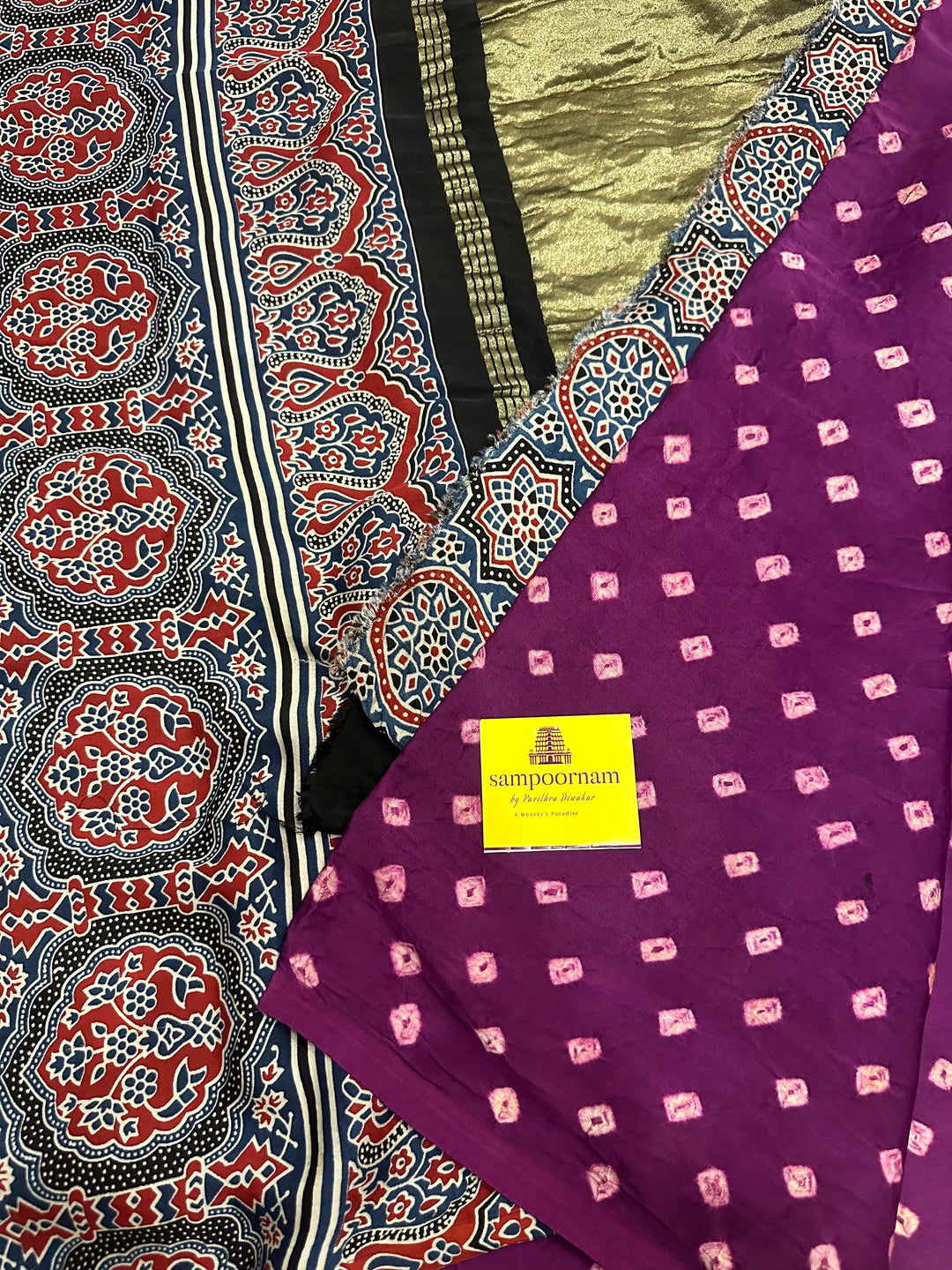 Purple Bhandej with Ajrakh Natural Handblock Printed Tissue Pallu Pure Modal Silk Saree