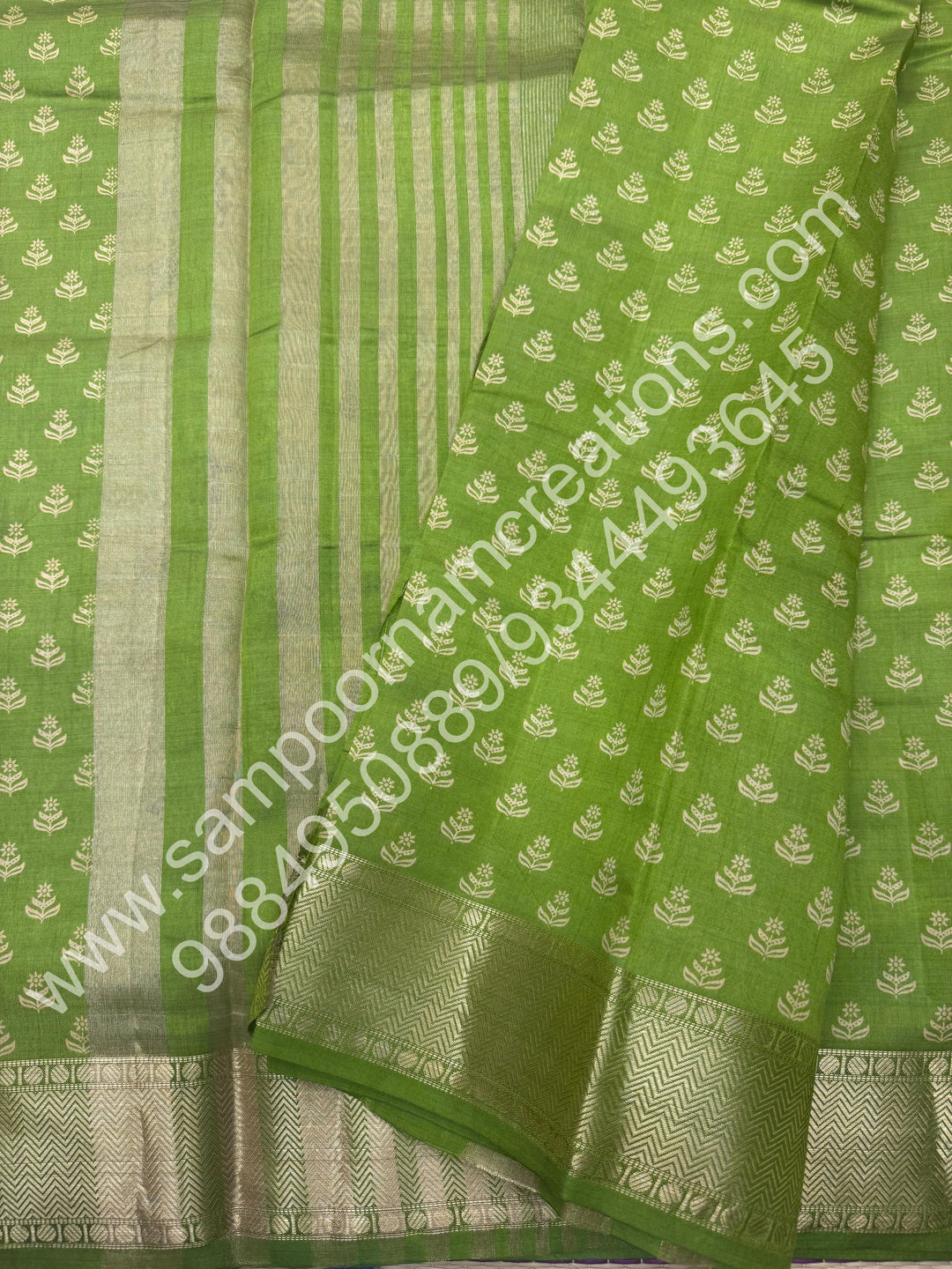 Light Green , Floral Prints in the body .Tissue Pallu and Printed Blouse Semi Tussar Saree