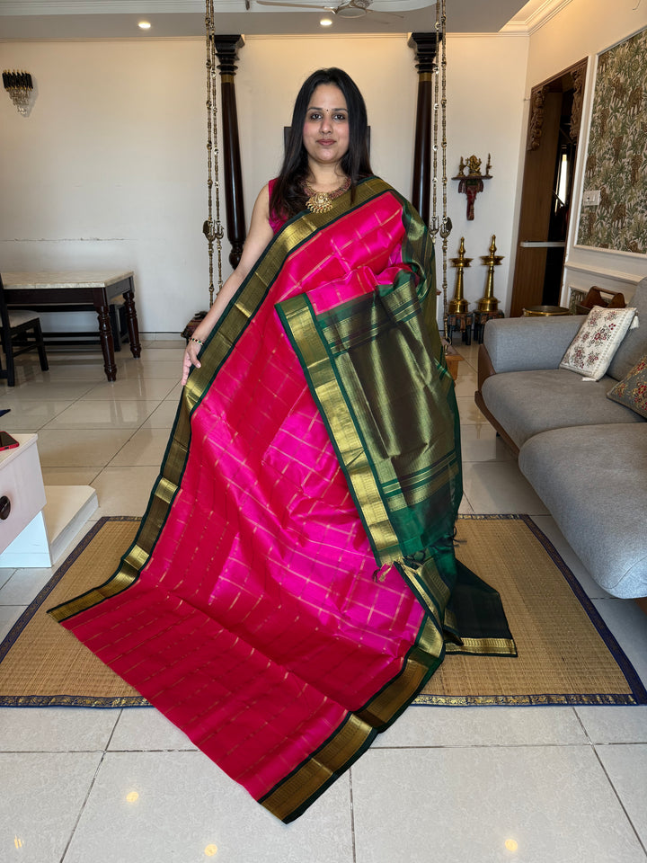 Dark Pink with Green , Rich Zari Big Checks in the Body , Traditional Borders and Rich Pallu Korvai Silk Cotton Saree