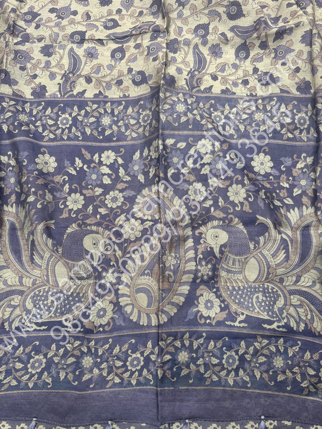 Blue  , Kalamkari Print  in the body , Printed Blouse and Tassels in the Pallu , Soft Cotton Saree