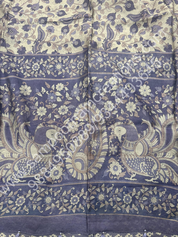 Blue  , Kalamkari Print  in the body , Printed Blouse and Tassels in the Pallu , Soft Cotton Saree