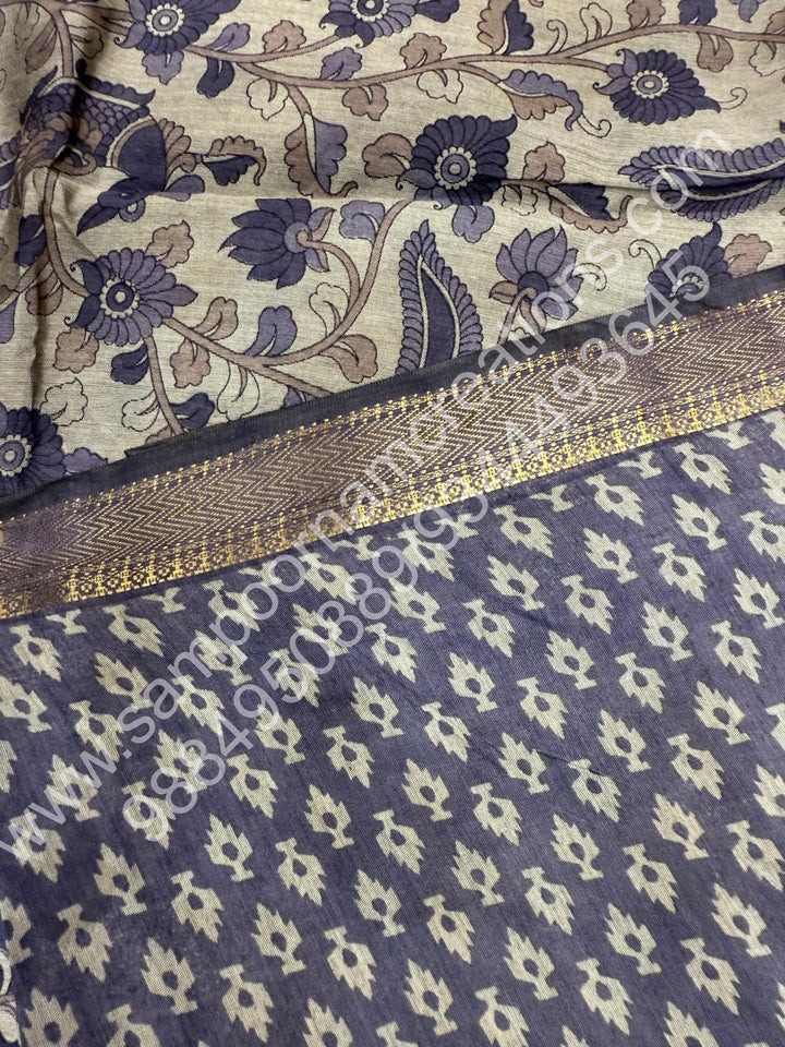 Blue  , Kalamkari Print  in the body , Printed Blouse and Tassels in the Pallu , Soft Cotton Saree