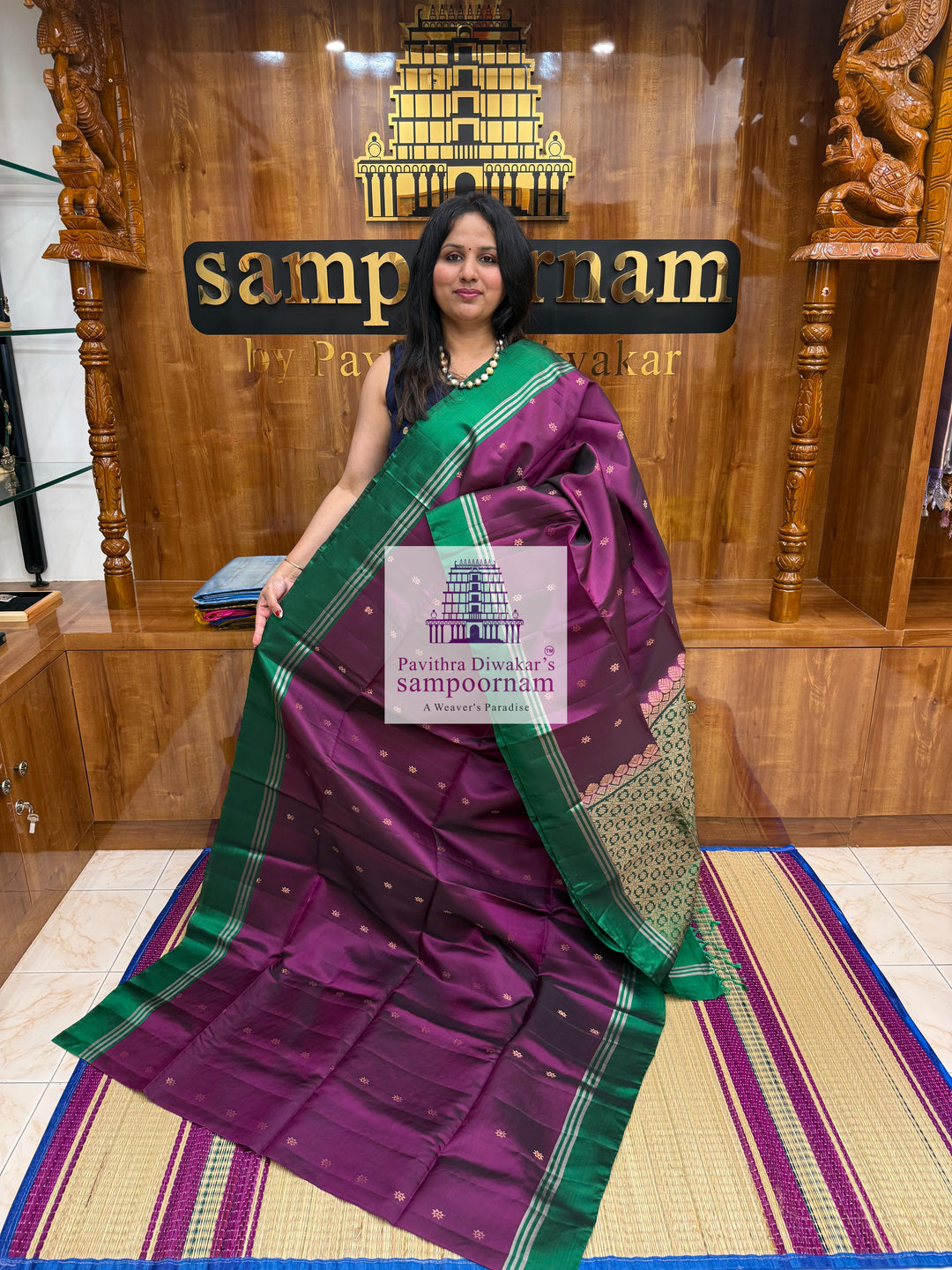 Wine with Green , rich Zari Butta in the body , Plain borders , rich Pallu Handloom Semi Soft Silk Saree