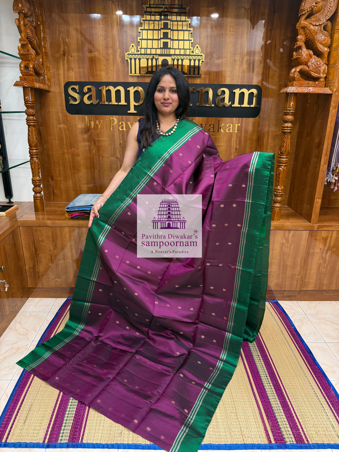 Wine with Green , rich Zari Butta in the body , Plain borders , rich Pallu Handloom Semi Soft Silk Saree