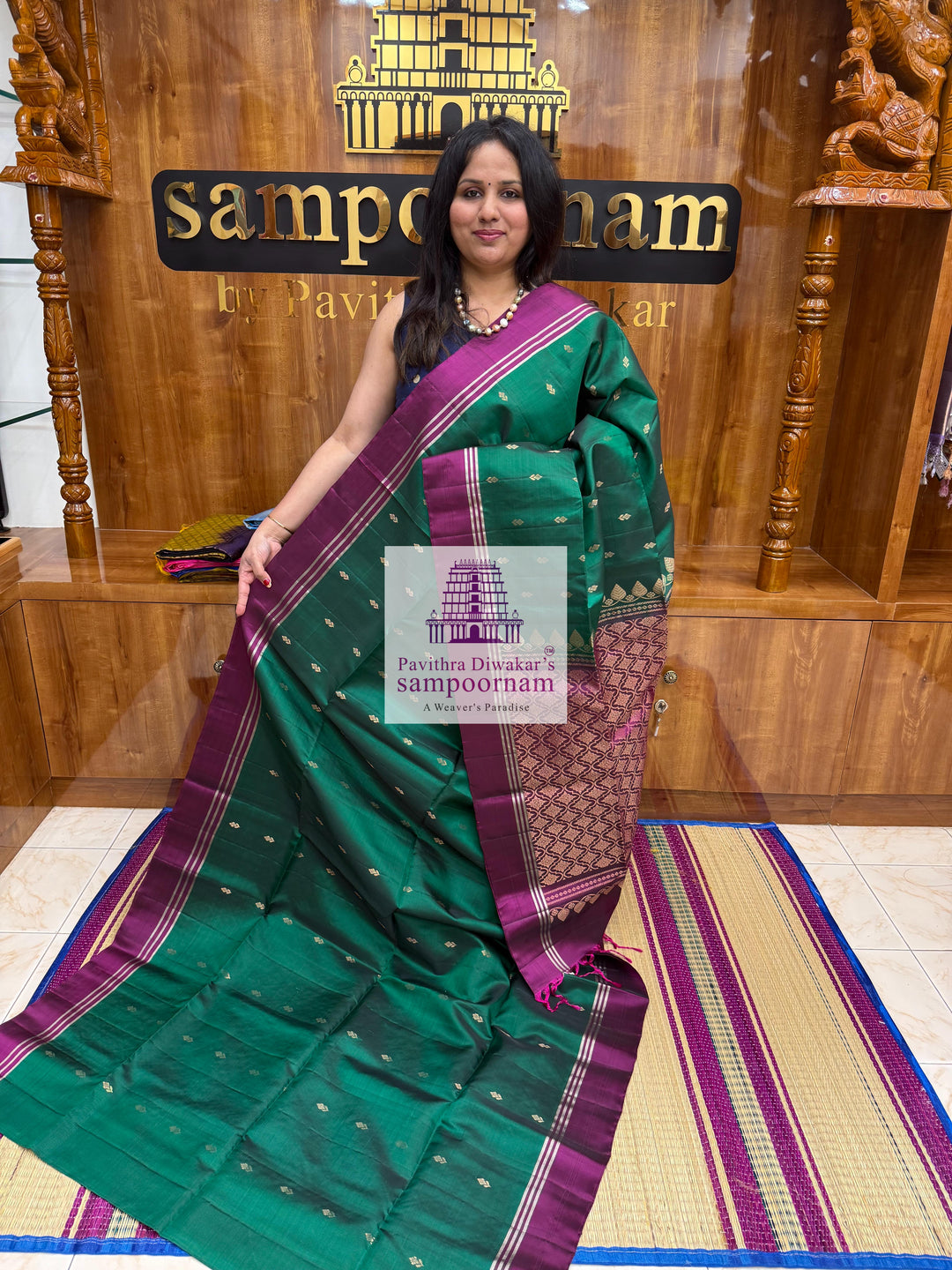 Forest Green with Magenta , rich Zari Butta in the body , Plain borders , rich Pallu Handloom Semi Soft Silk Saree