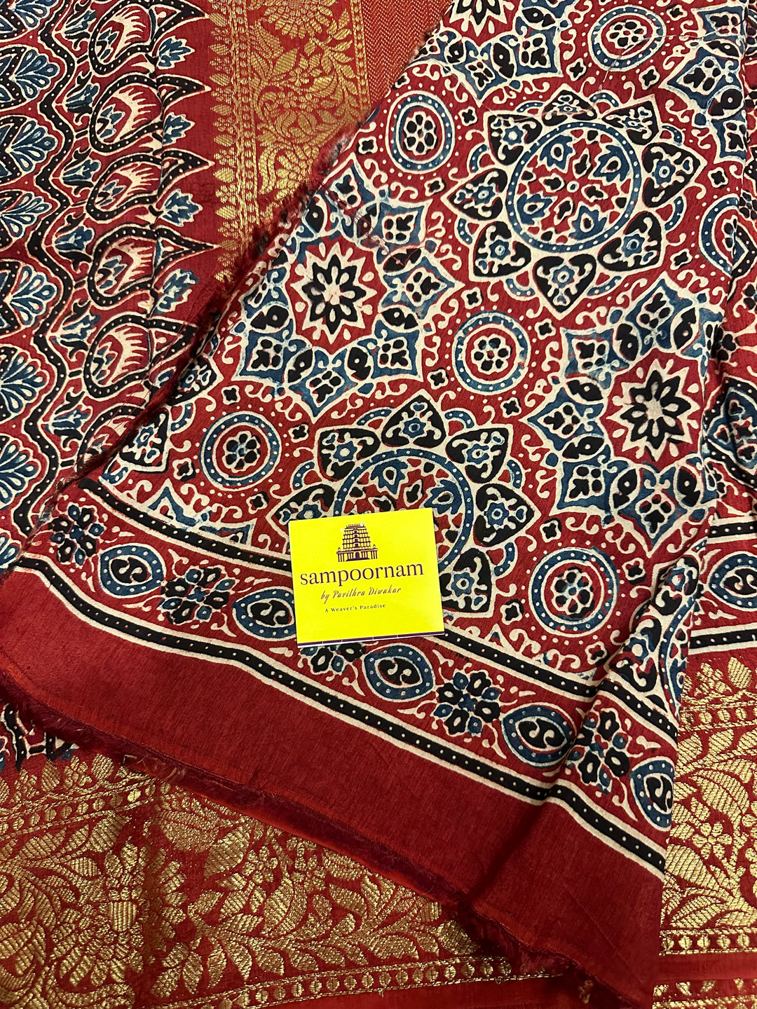 Red Ajrakh Natural Handblock Printed , Minakari Rich Border and Pallu Pure Dola Silk Saree