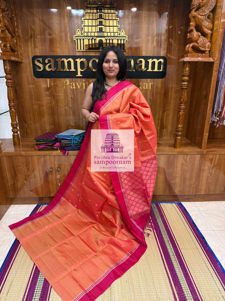 Rustic Orange with Reddish Pink , rich Zari Butta in the body , Plain borders , rich Pallu Handloom Semi Soft Silk Saree